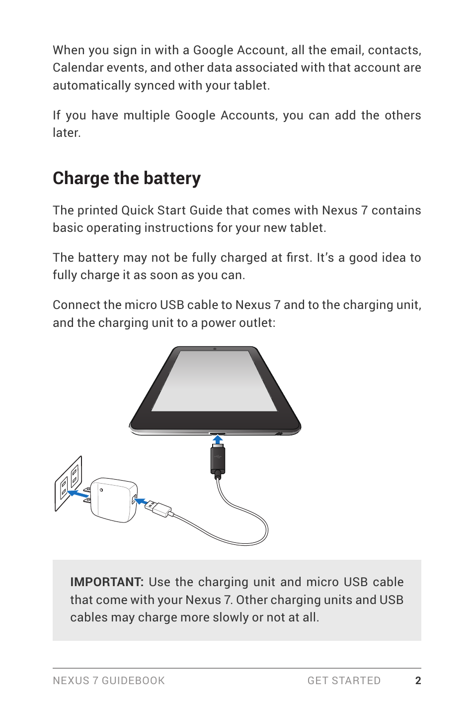 Charge the battery | Asus Nexus 7 User Manual | Page 8 / 106