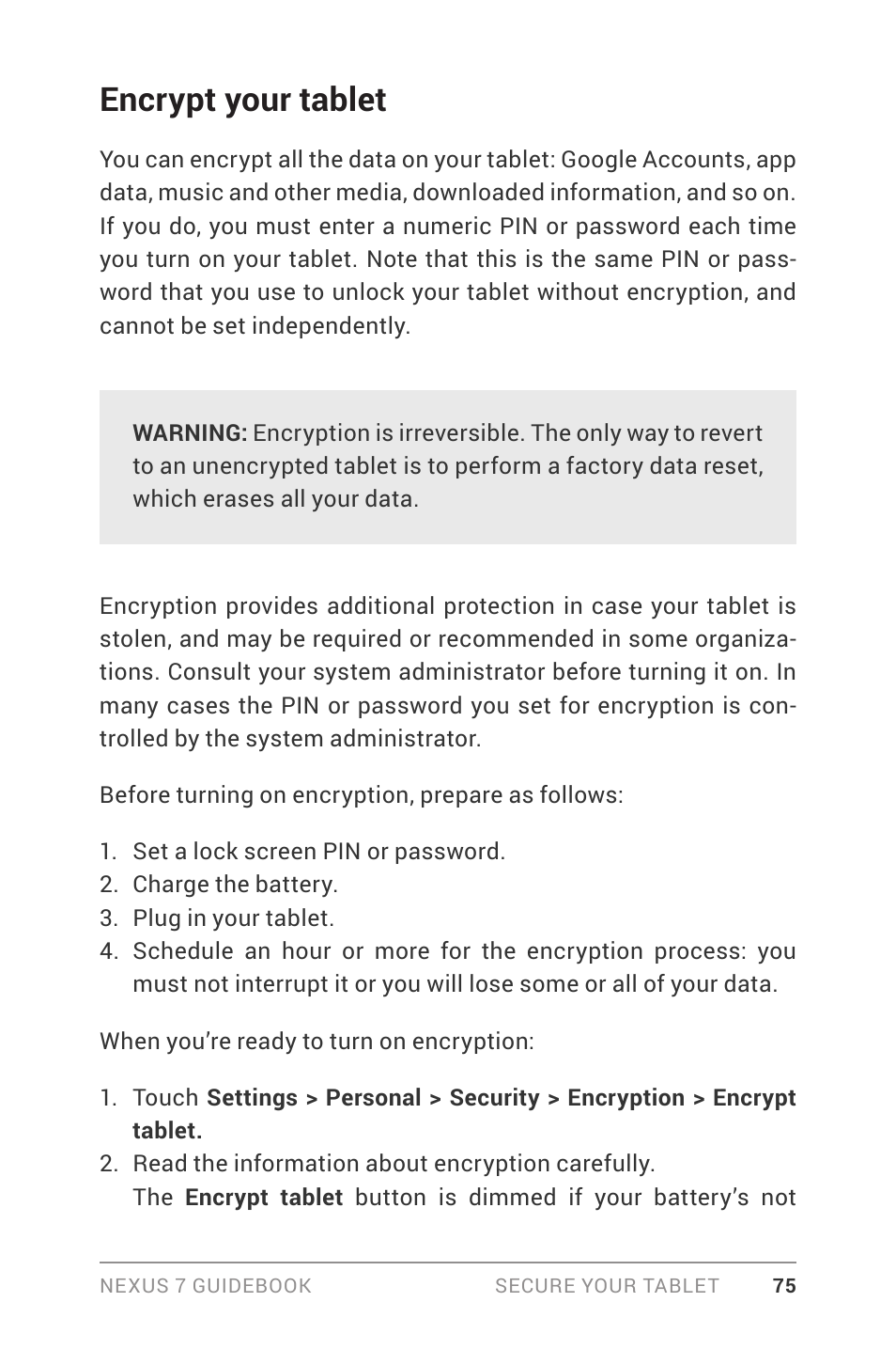 Encrypt your tablet | Asus Nexus 7 User Manual | Page 81 / 106