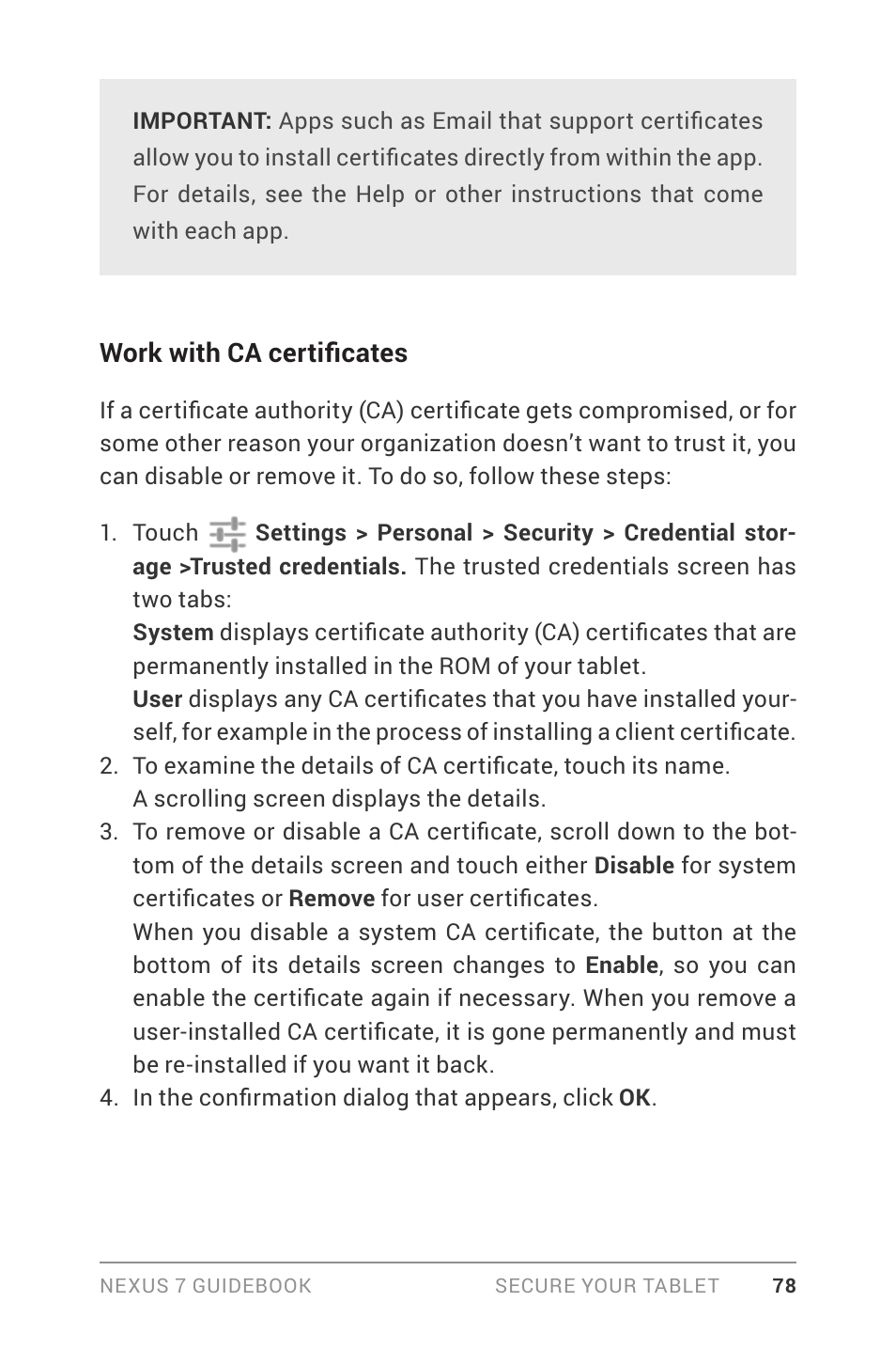 Work with ca certificates | Asus Nexus 7 User Manual | Page 84 / 106