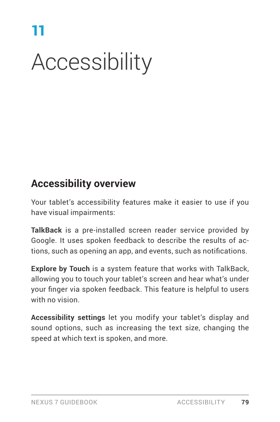 Accessibility, Accessibility overview | Asus Nexus 7 User Manual | Page 85 / 106