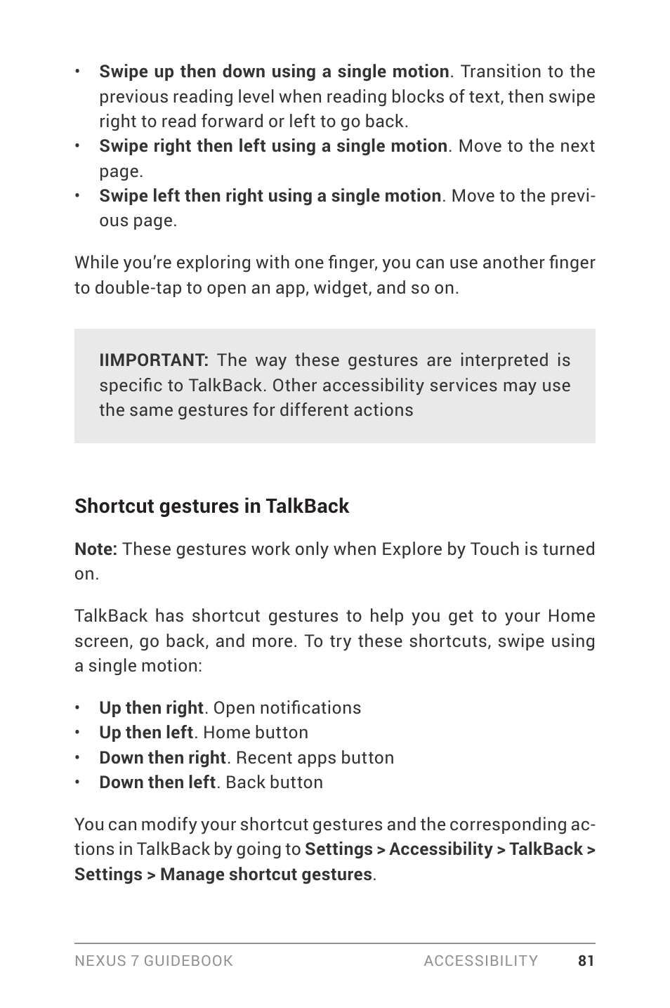 Shortcut gestures in talkback | Asus Nexus 7 User Manual | Page 87 / 106