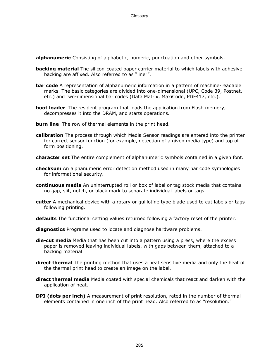 Glossary | Datamax-O'Neil DPL Programmer’s Manual User Manual | Page 293 / 296