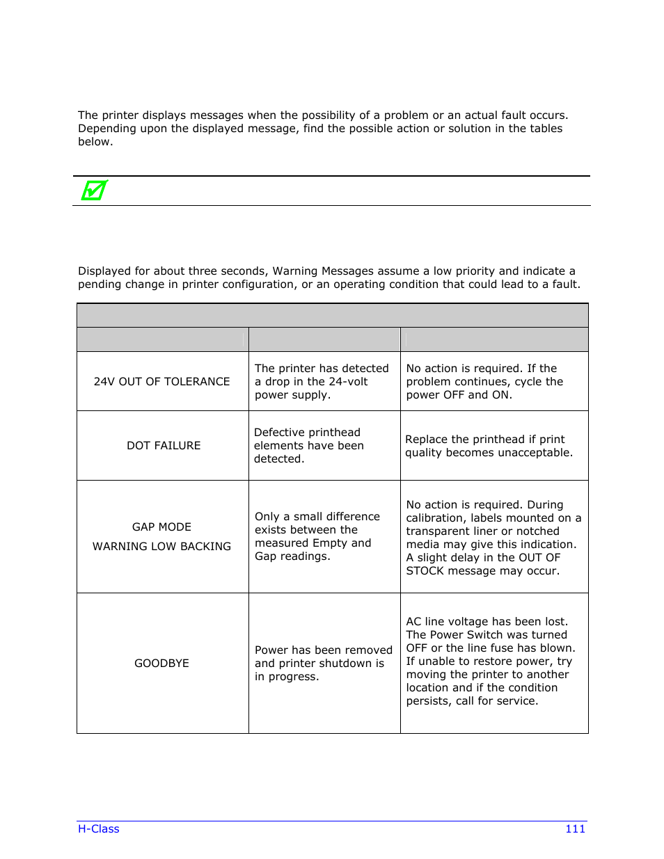 2 warning and fault messages | Datamax-O'Neil H-Class Operator’s Manual User Manual | Page 121 / 180