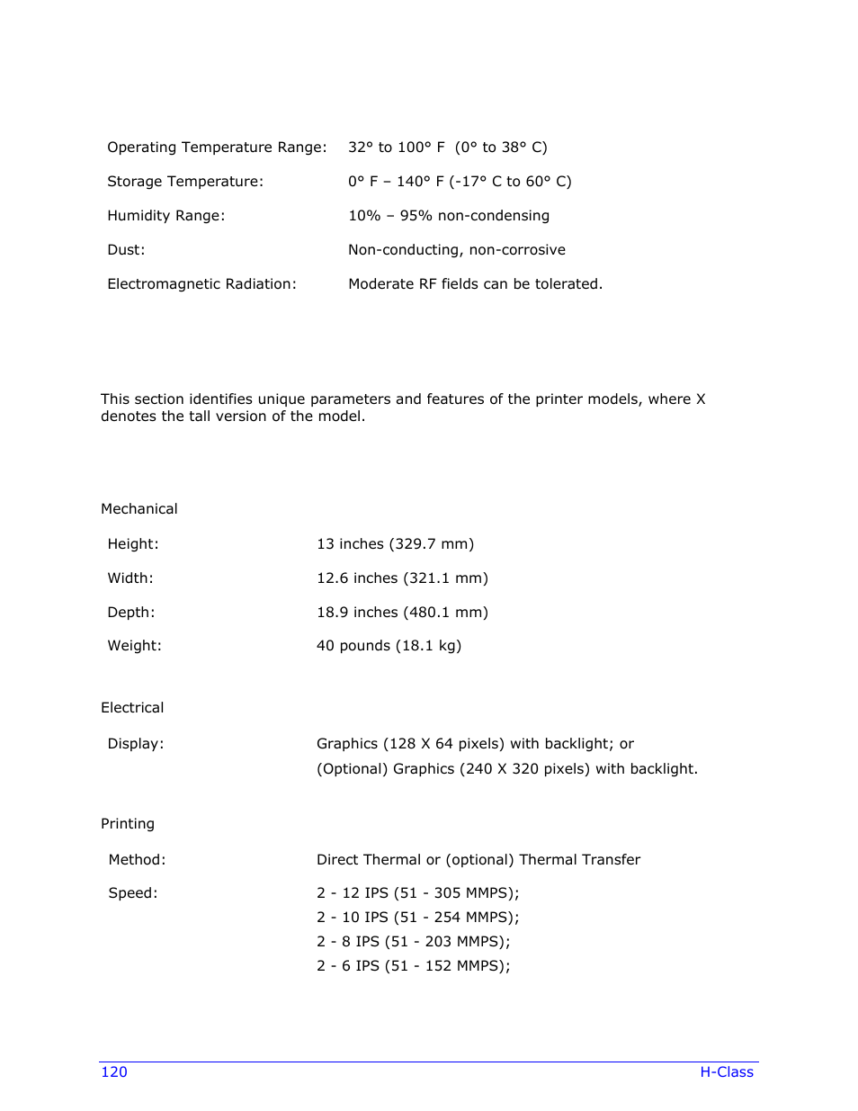 2 model-specific specifications | Datamax-O'Neil H-Class Operator’s Manual User Manual | Page 130 / 180