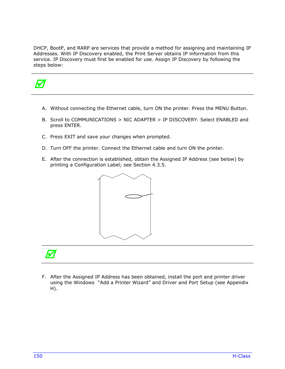 Configuration using ip discovery, 150 h-class, Assigned ip address | Datamax-O'Neil H-Class Operator’s Manual User Manual | Page 160 / 180