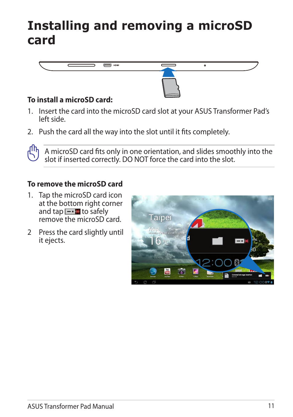 Installing and removing a microsd card | Asus Transformer Pad TF300TG User Manual | Page 11 / 90