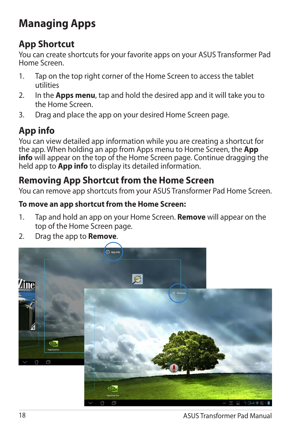 Managing apps, App shortcut, App info | Removing app shortcut from the home screen | Asus Transformer Pad TF300TG User Manual | Page 18 / 90