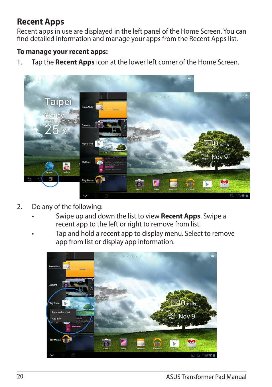 Recent apps | Asus Transformer Pad TF300TG User Manual | Page 20 / 90