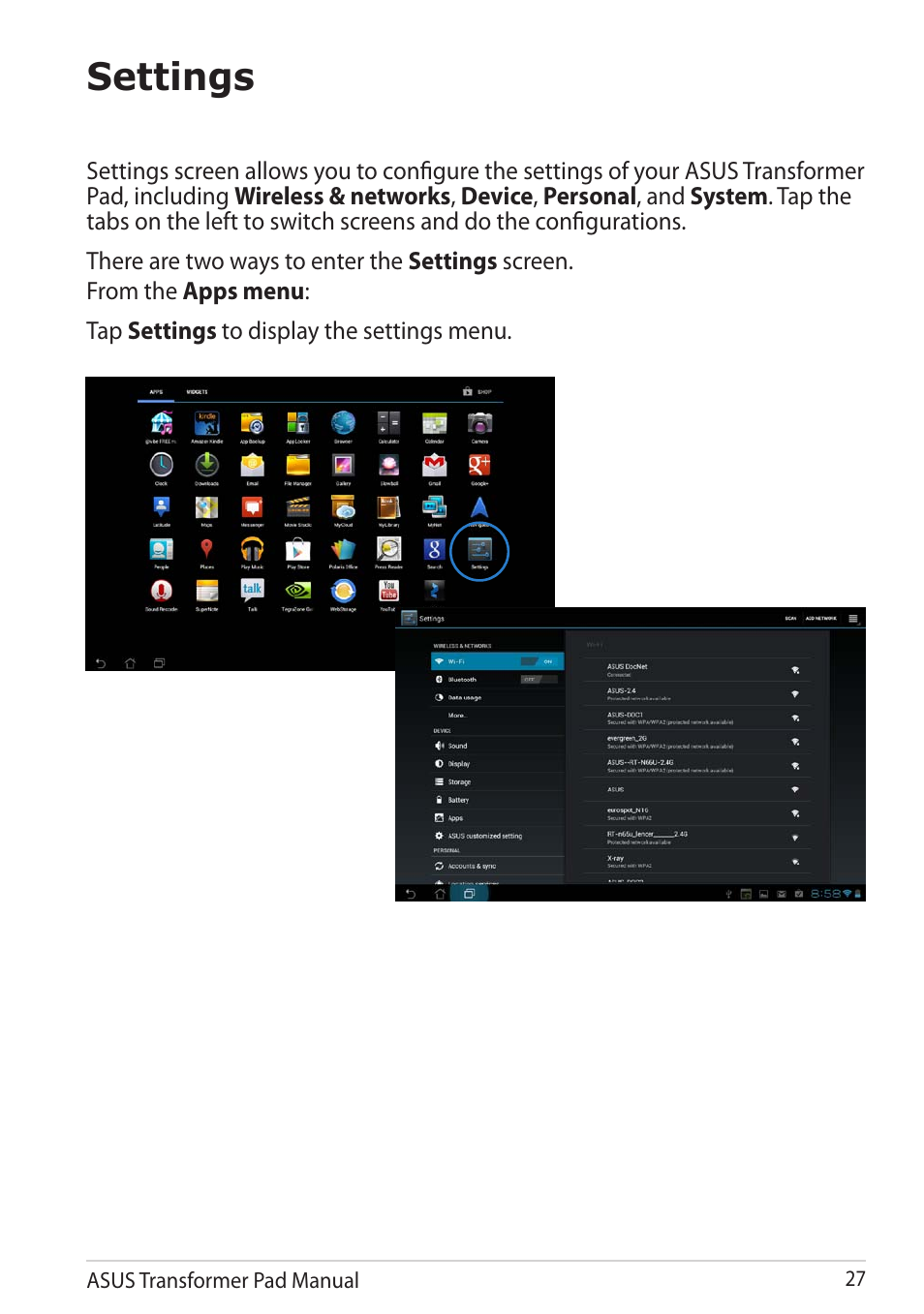 Settings | Asus Transformer Pad TF300TG User Manual | Page 27 / 90