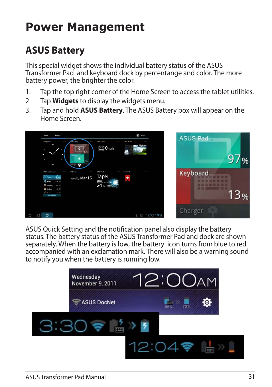 Power management, Asus battery | Asus Transformer Pad TF300TG User Manual | Page 31 / 90