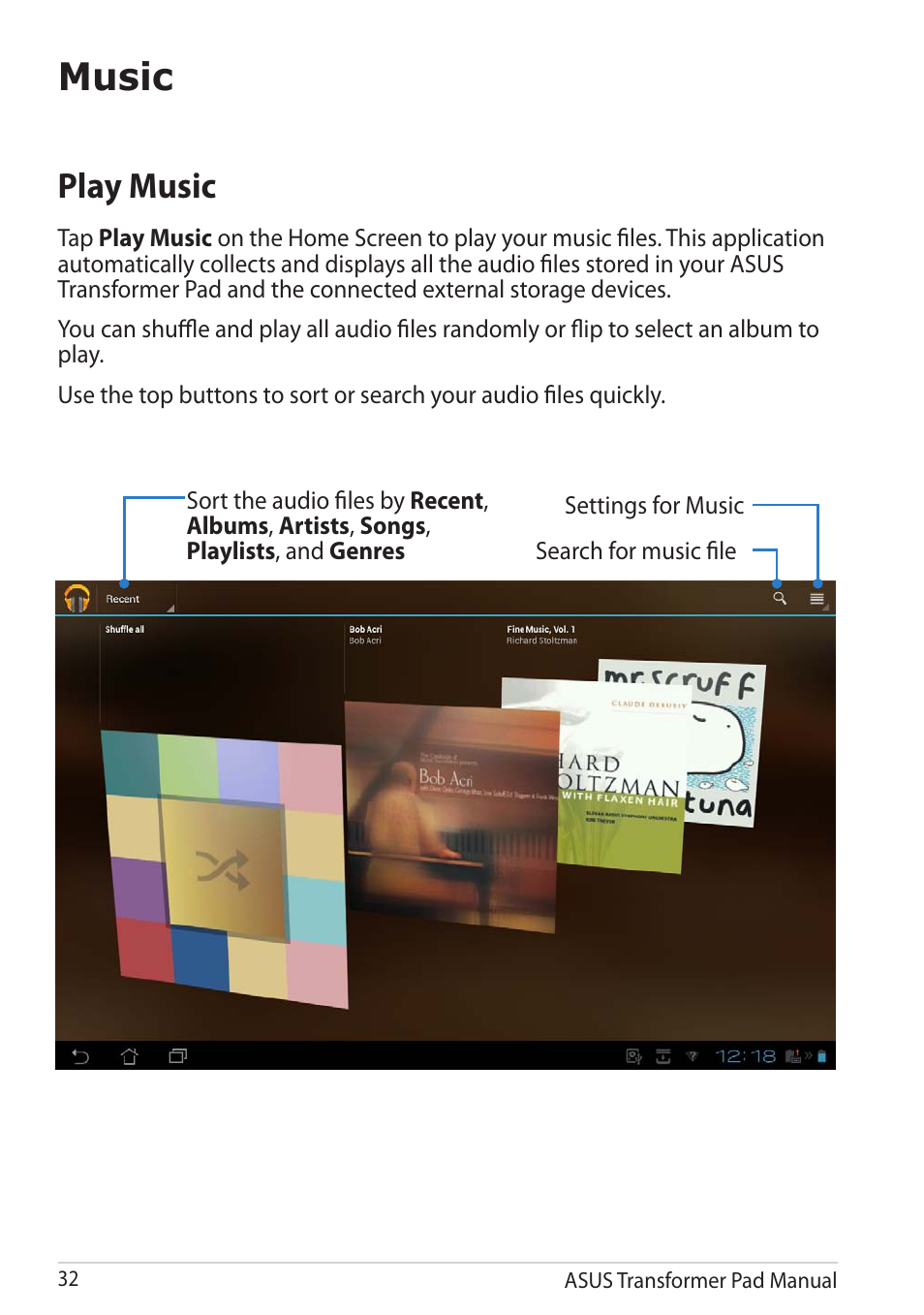 Music, Play music | Asus Transformer Pad TF300TG User Manual | Page 32 / 90
