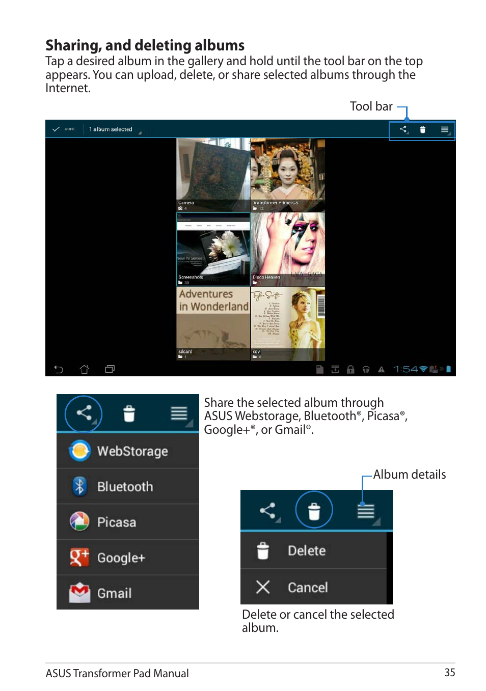 Sharing, and deleting albums | Asus Transformer Pad TF300TG User Manual | Page 35 / 90