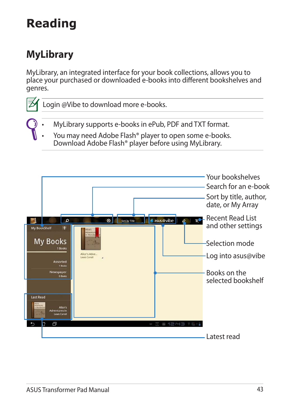 Reading, Mylibrary | Asus Transformer Pad TF300TG User Manual | Page 43 / 90