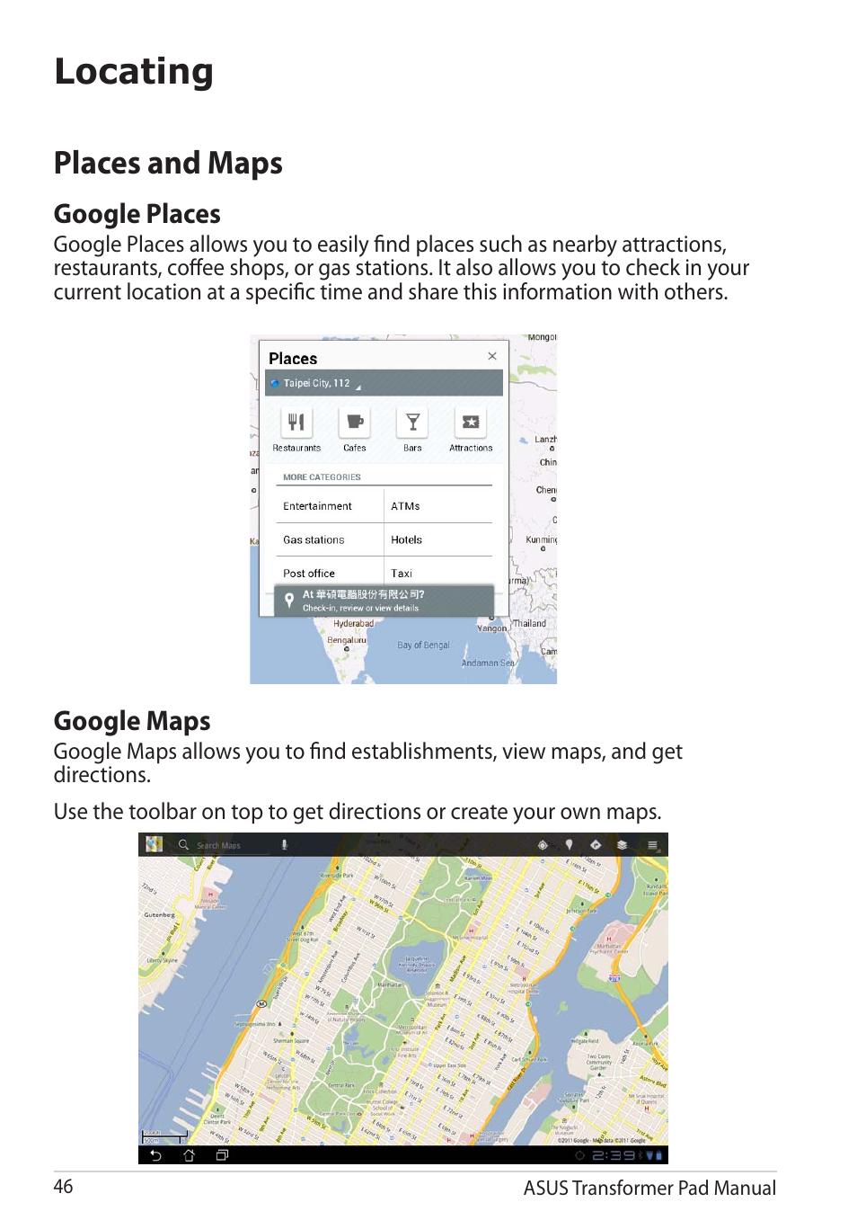 Locating, Places and maps | Asus Transformer Pad TF300TG User Manual | Page 46 / 90