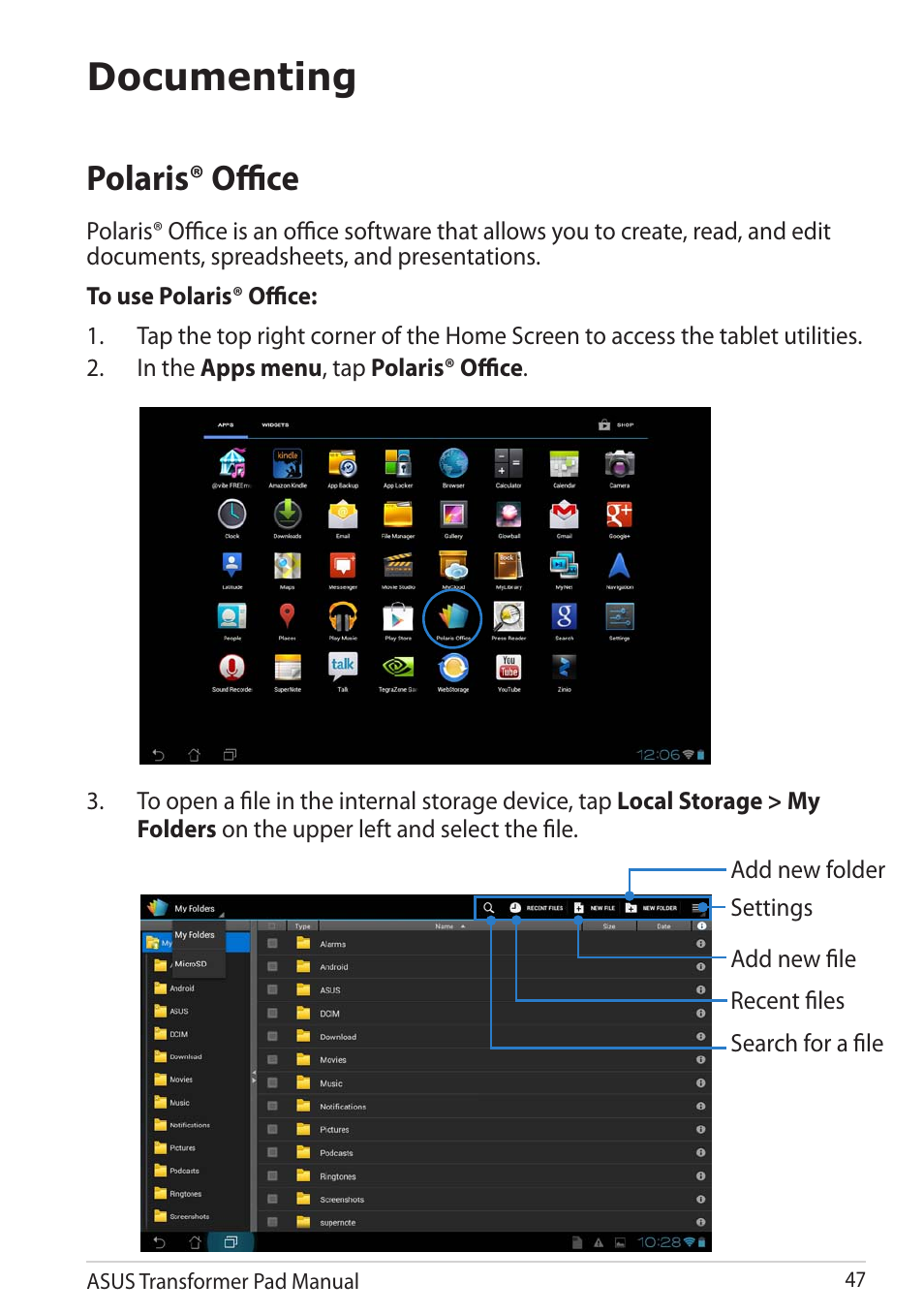 Documenting, Polaris® office | Asus Transformer Pad TF300TG User Manual | Page 47 / 90