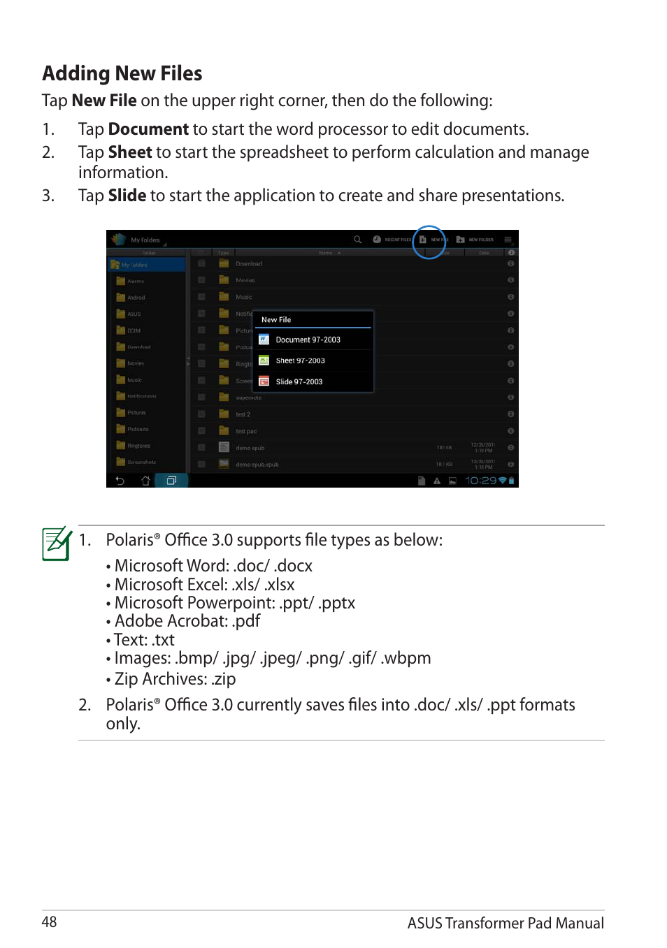 Adding new files | Asus Transformer Pad TF300TG User Manual | Page 48 / 90