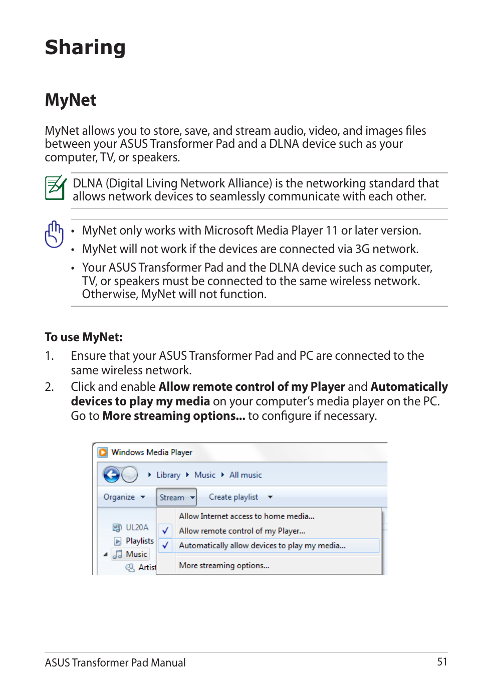 Sharing, Mynet | Asus Transformer Pad TF300TG User Manual | Page 51 / 90