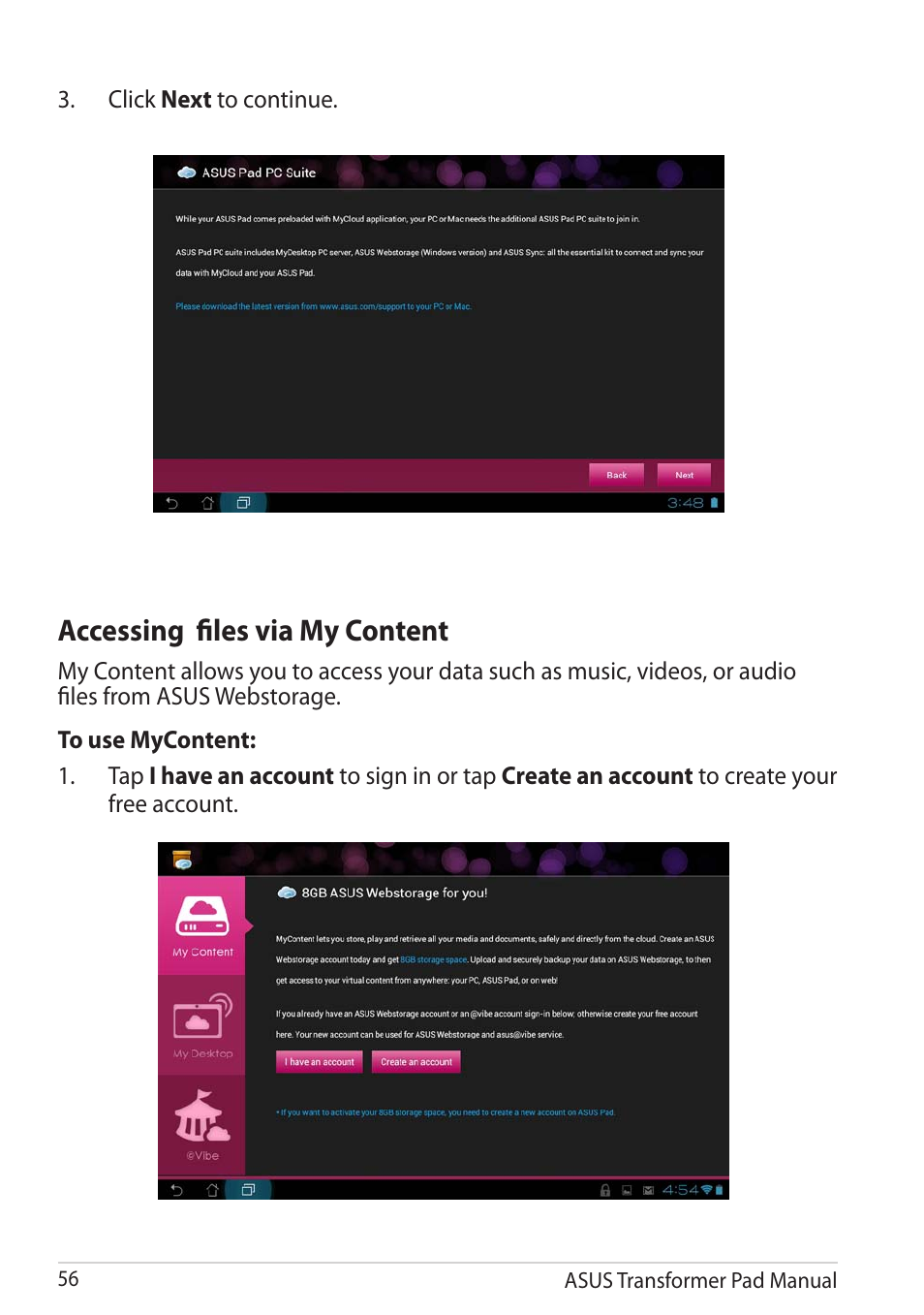 Accessing files via my content | Asus Transformer Pad TF300TG User Manual | Page 56 / 90