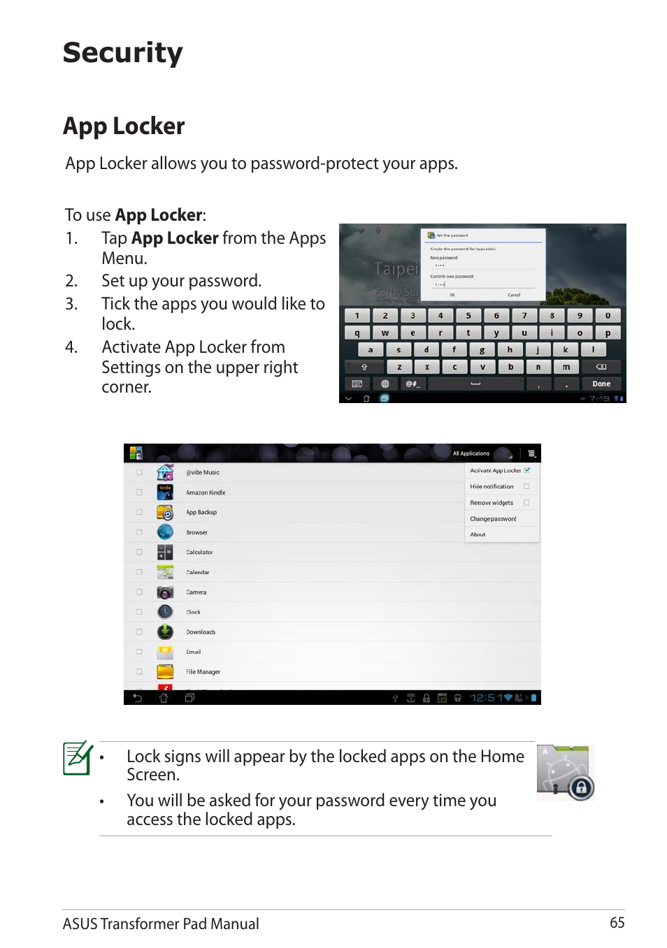 Security, App locker | Asus Transformer Pad TF300TG User Manual | Page 65 / 90