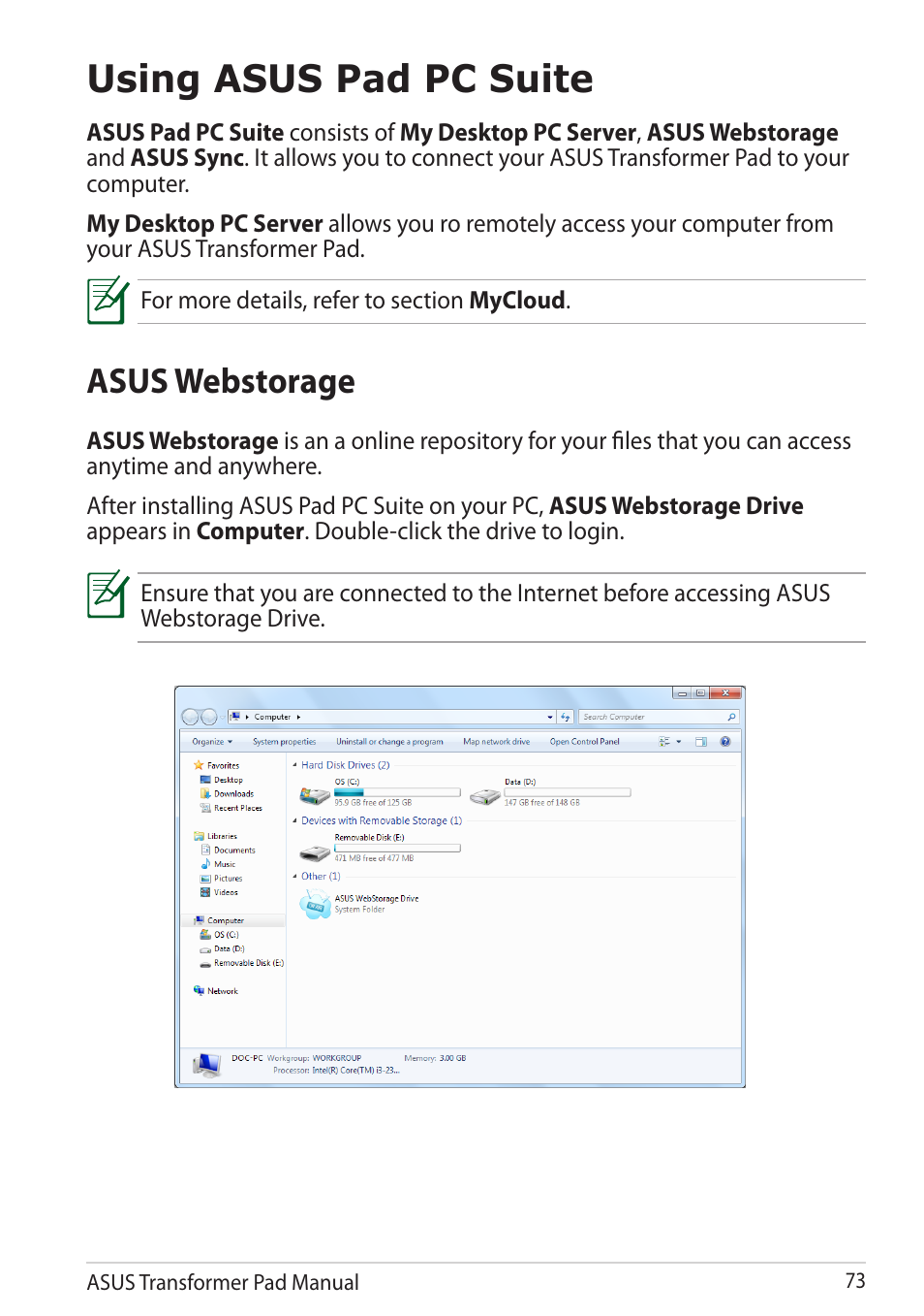 Using asus pad pc suite, Asus webstorage | Asus Transformer Pad TF300TG User Manual | Page 73 / 90