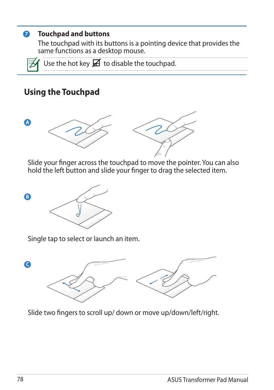 Using the touchpad | Asus Transformer Pad TF300TG User Manual | Page 78 / 90