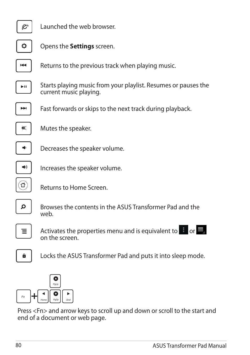 Launched the web browser, Opens the settings screen, Returns to the previous track when playing music | Mutes the speaker, Decreases the speaker volume, Asus transformer pad manual 80 | Asus Transformer Pad TF300TG User Manual | Page 80 / 90