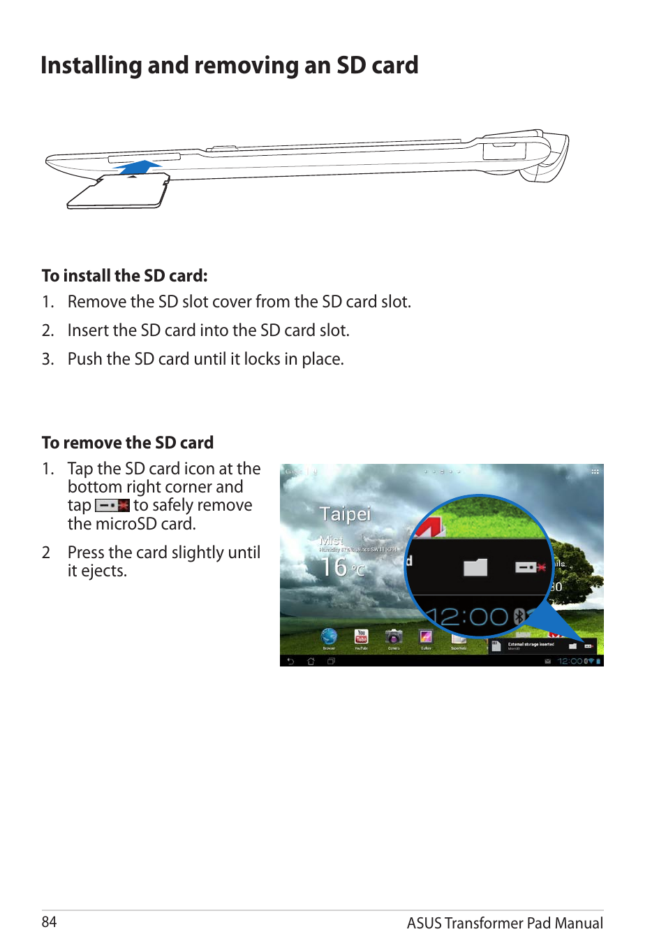 Installing and removing an sd card | Asus Transformer Pad TF300TG User Manual | Page 84 / 90