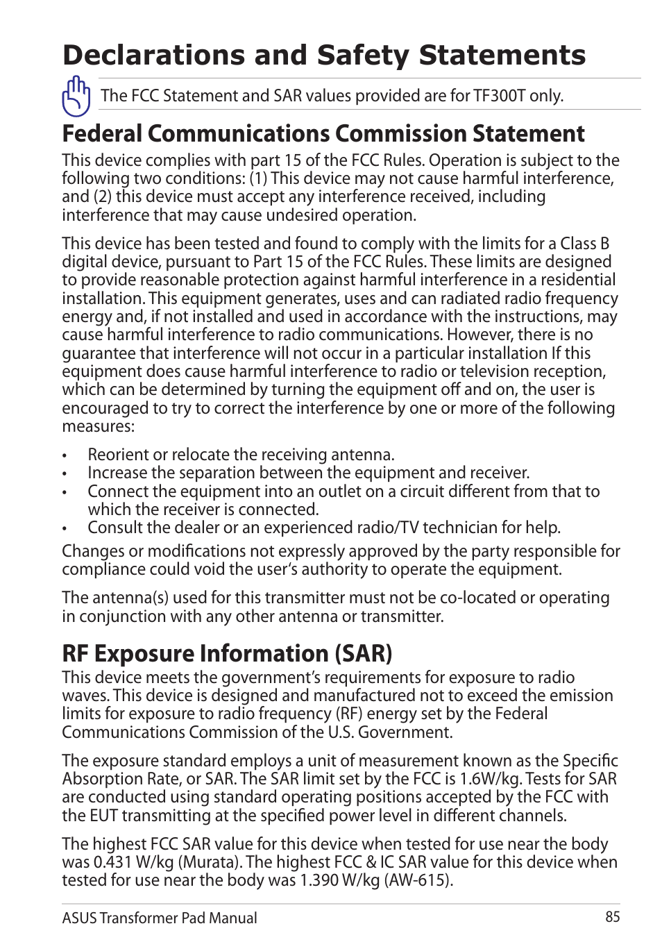 Declarations and safety statements, Federal communications commission statement, Rf exposure information (sar) | Asus Transformer Pad TF300TG User Manual | Page 85 / 90