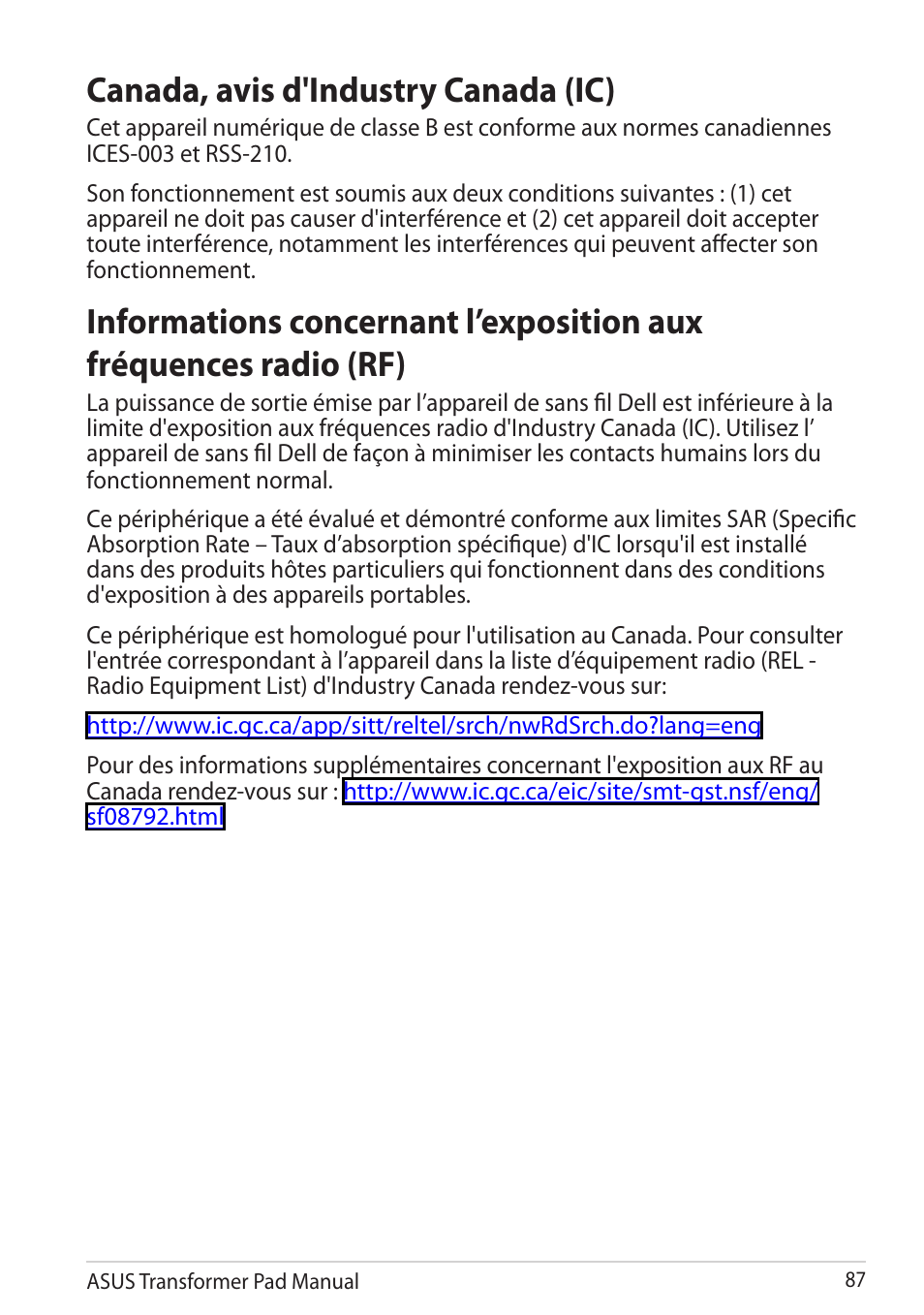 Canada, avis d'industry canada (ic) | Asus Transformer Pad TF300TG User Manual | Page 87 / 90