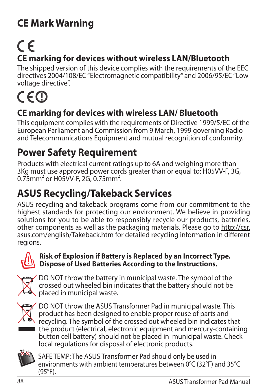 Ce mark warning, Power safety requirement, Asus recycling/takeback services | Asus Transformer Pad TF300TG User Manual | Page 88 / 90