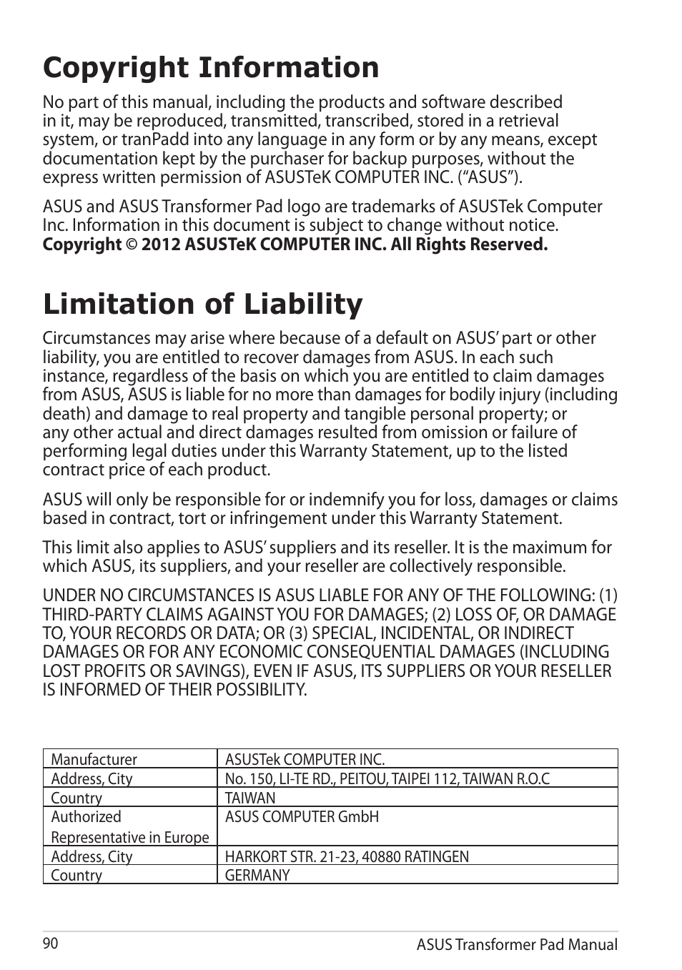 Copyright information, Limitation of liability | Asus Transformer Pad TF300TG User Manual | Page 90 / 90