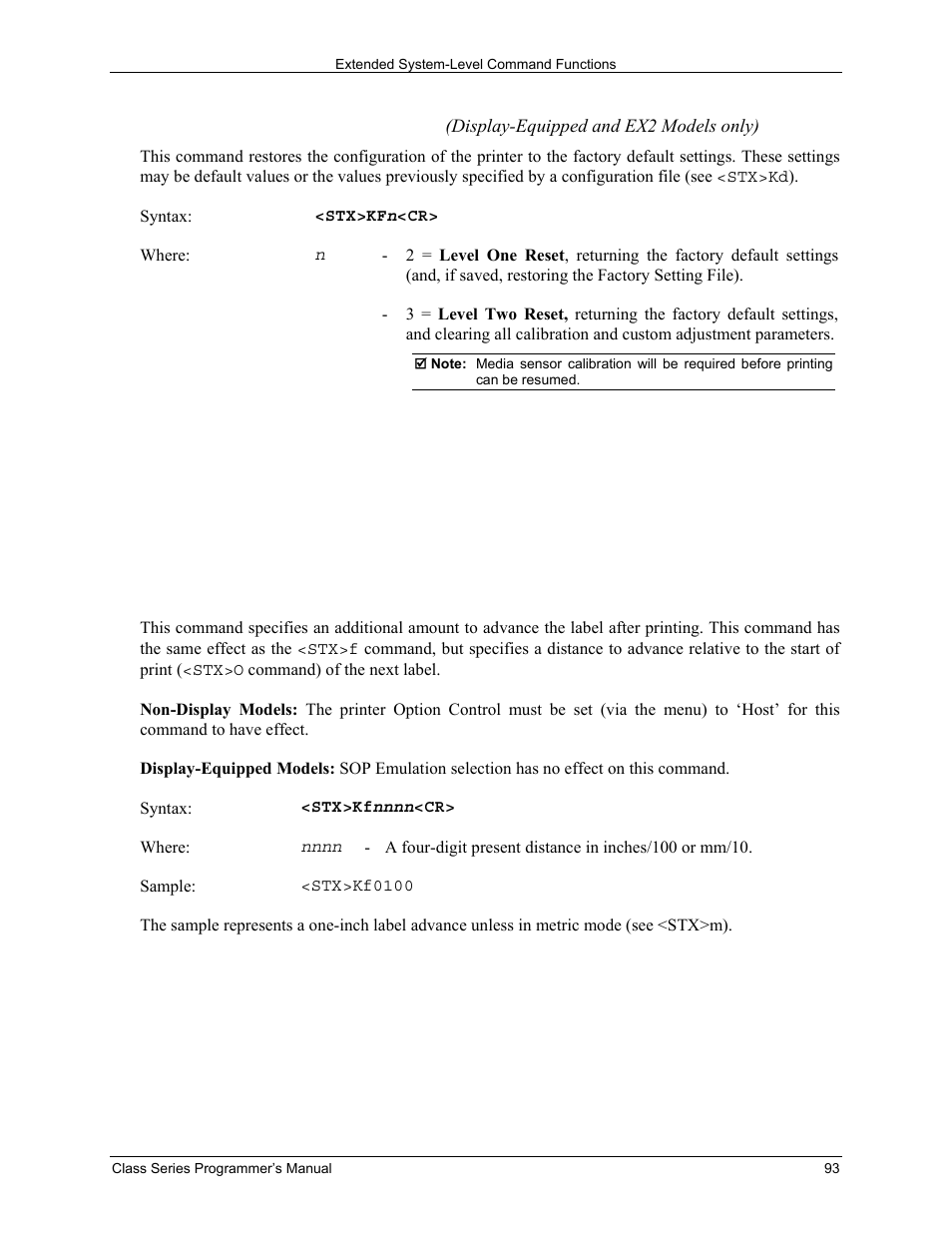 Stx kf select factory defaults, Stx kf set present distance | Datamax-O'Neil Class Series Programmer’s Manual User Manual | Page 107 / 300