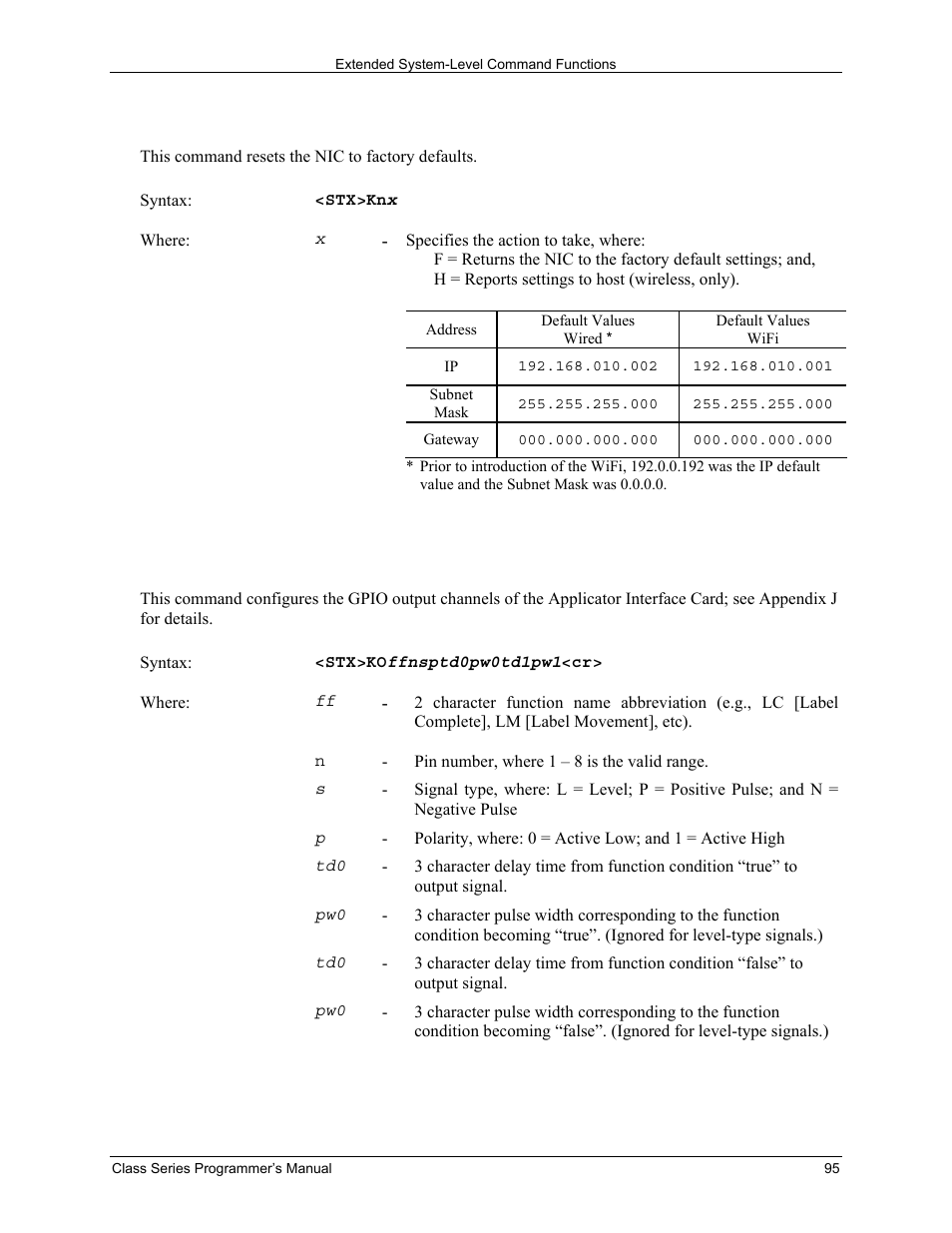 Stx kn nic reset, Stx ko gpio output | Datamax-O'Neil Class Series Programmer’s Manual User Manual | Page 109 / 300