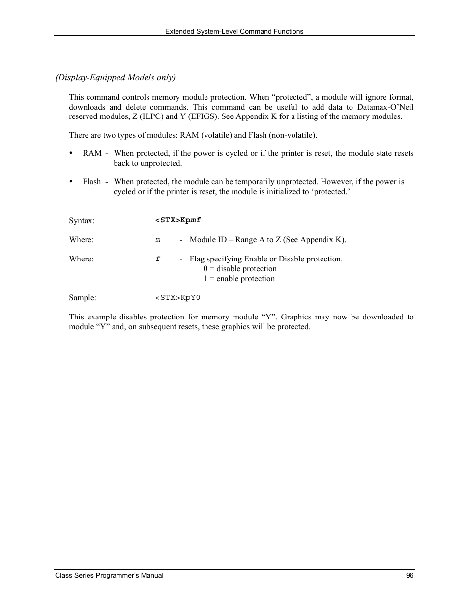 Stx kp module protection | Datamax-O'Neil Class Series Programmer’s Manual User Manual | Page 110 / 300