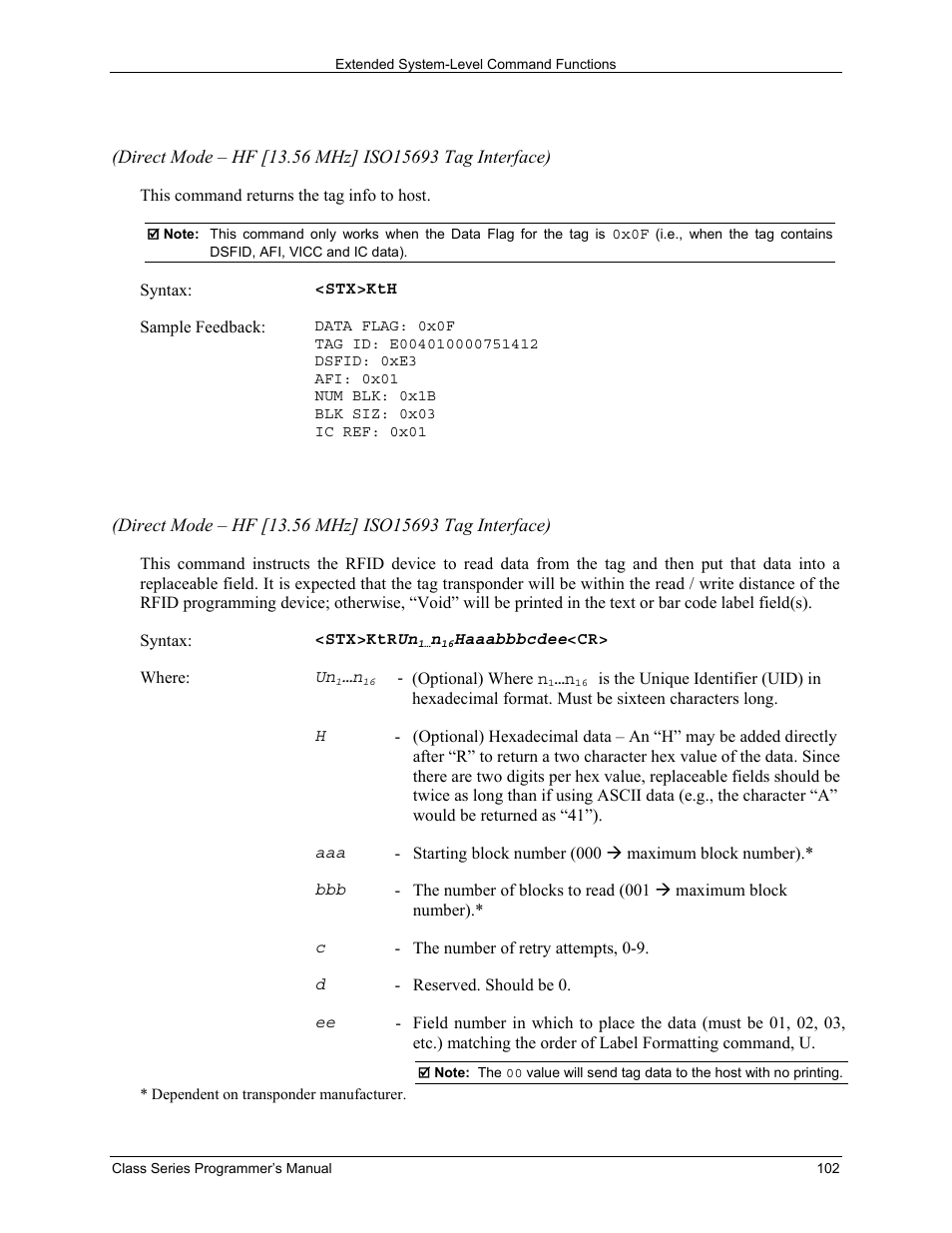 Stx kth read and feedback tag information to host, Stx ktr read data from rfid tag | Datamax-O'Neil Class Series Programmer’s Manual User Manual | Page 116 / 300