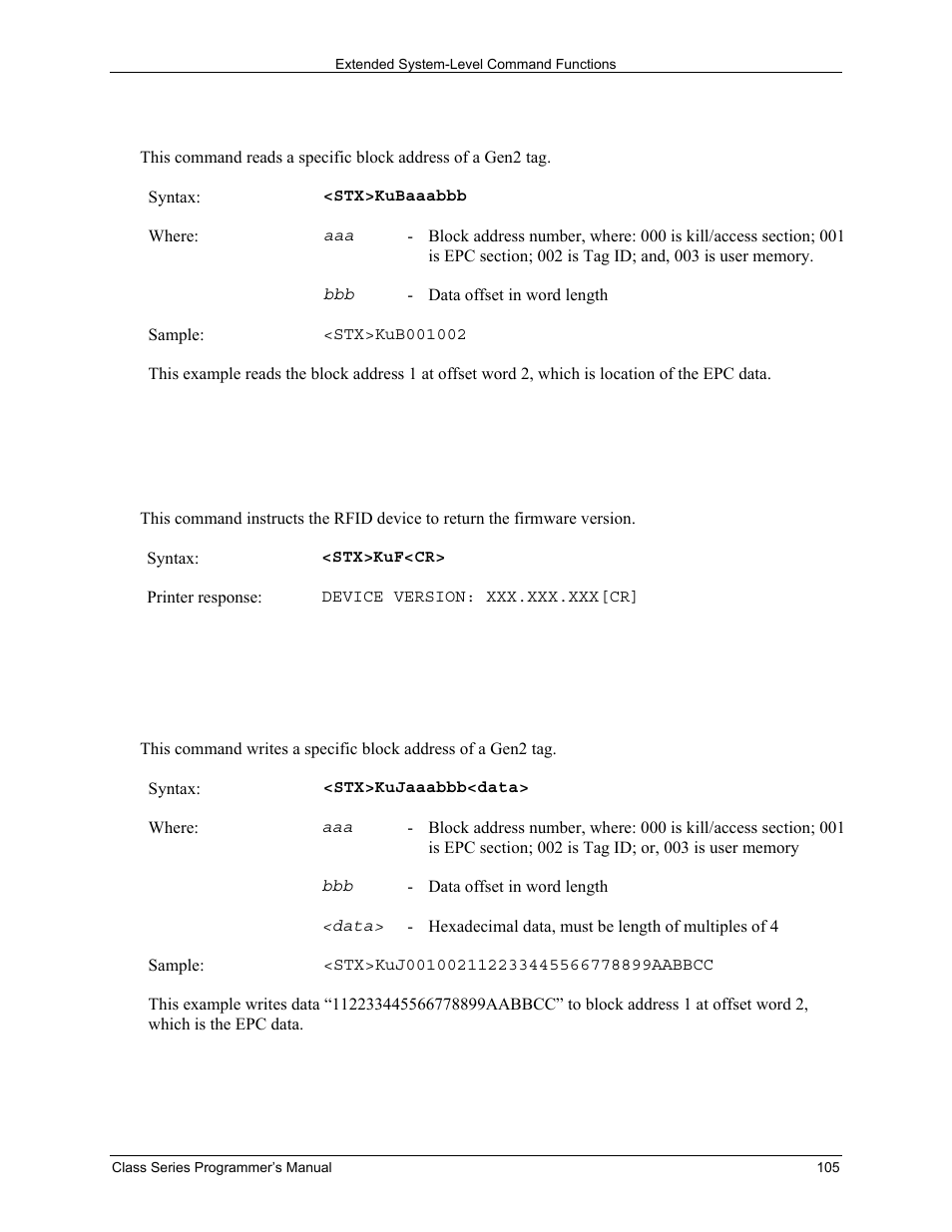 Stx kuf send rfid device firmware version | Datamax-O'Neil Class Series Programmer’s Manual User Manual | Page 119 / 300