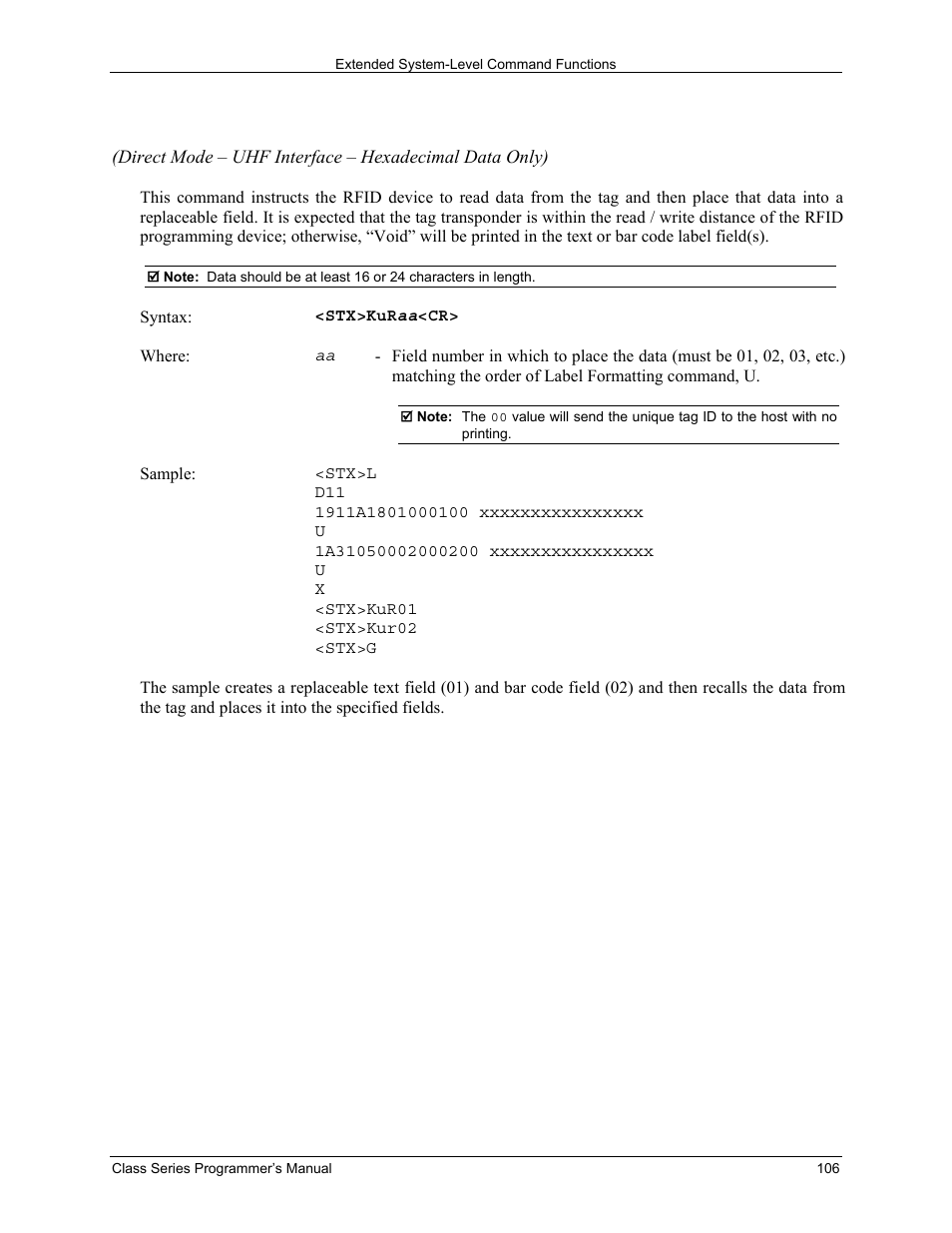 Stx kur read data from rfid tag | Datamax-O'Neil Class Series Programmer’s Manual User Manual | Page 120 / 300