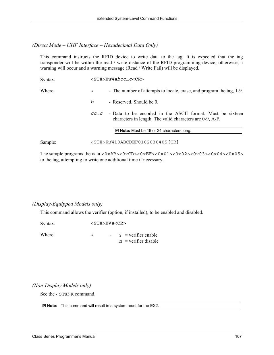 Stx kuw write data to rfid tag, Stx kv verifier enable/disable | Datamax-O'Neil Class Series Programmer’s Manual User Manual | Page 121 / 300