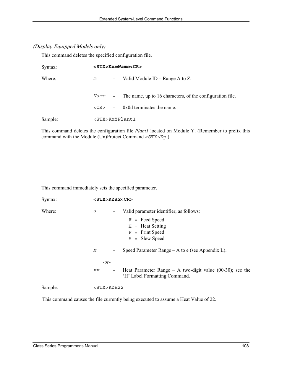 Stx kx delete configuration file, Stx kz immediately set parameter | Datamax-O'Neil Class Series Programmer’s Manual User Manual | Page 122 / 300