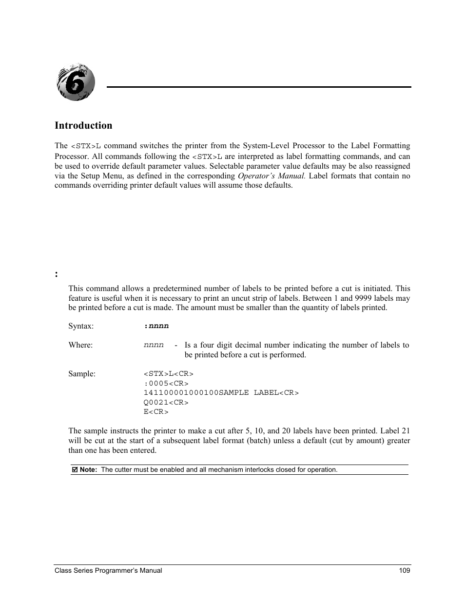 Label formatting command functions, Introduction, Set cut by amount | Datamax-O'Neil Class Series Programmer’s Manual User Manual | Page 123 / 300
