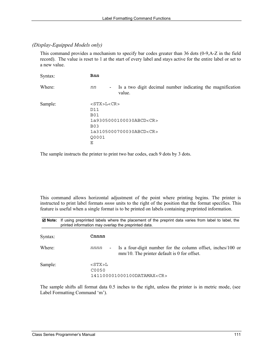 B bar code magnification, Cset column offset amount | Datamax-O'Neil Class Series Programmer’s Manual User Manual | Page 125 / 300