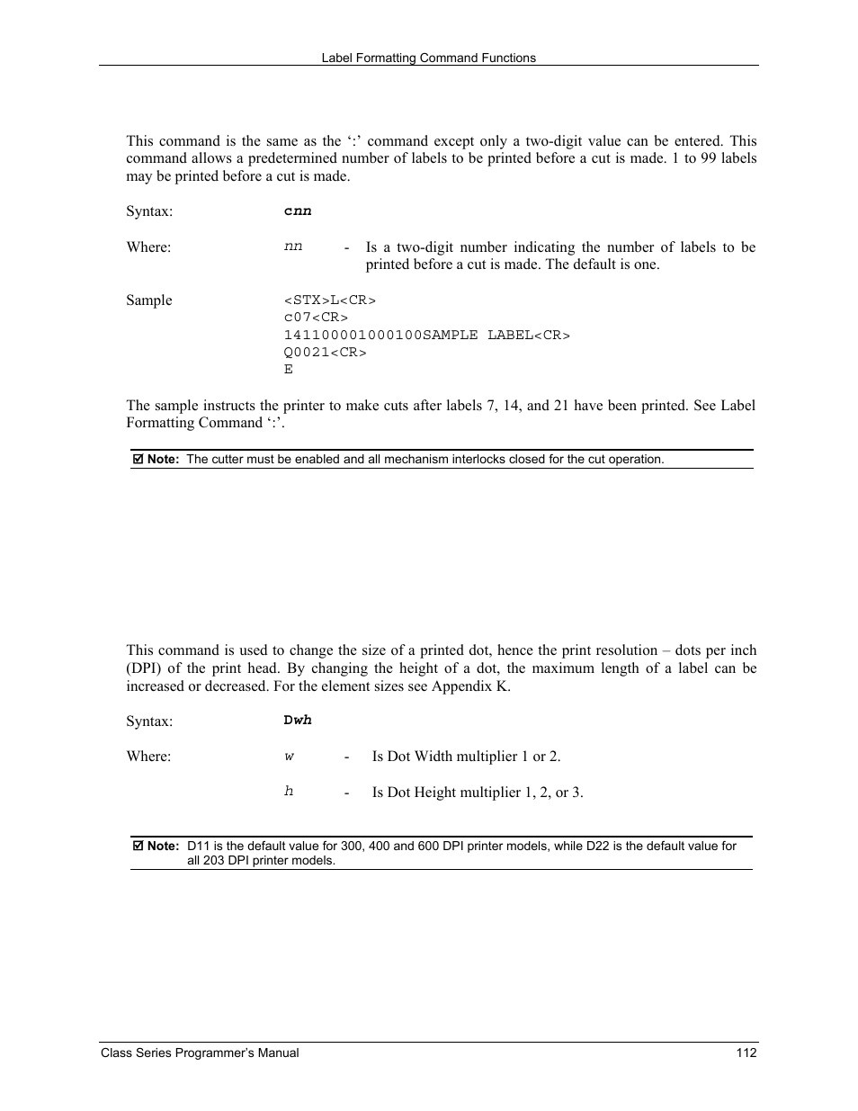 Cset cut by amount, Dset dot size width and height | Datamax-O'Neil Class Series Programmer’s Manual User Manual | Page 126 / 300