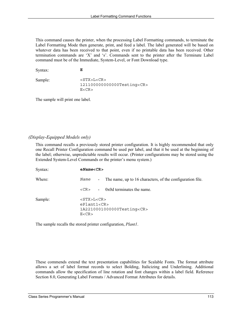 E terminate label formatting mode and print label, Erecall printer configuration, F advanced format attributes | Datamax-O'Neil Class Series Programmer’s Manual User Manual | Page 127 / 300
