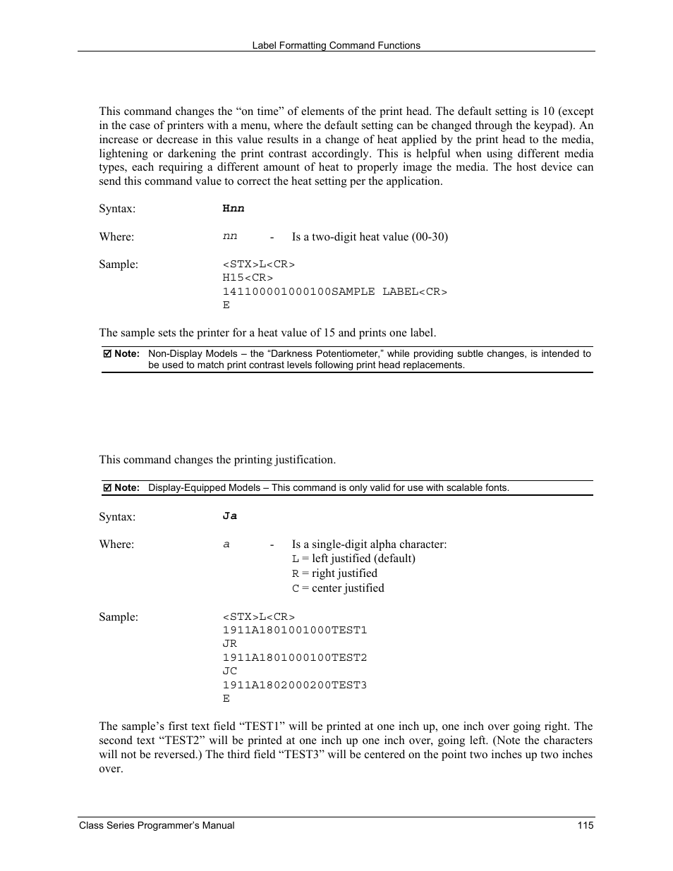 Henter heat setting, J justification | Datamax-O'Neil Class Series Programmer’s Manual User Manual | Page 129 / 300
