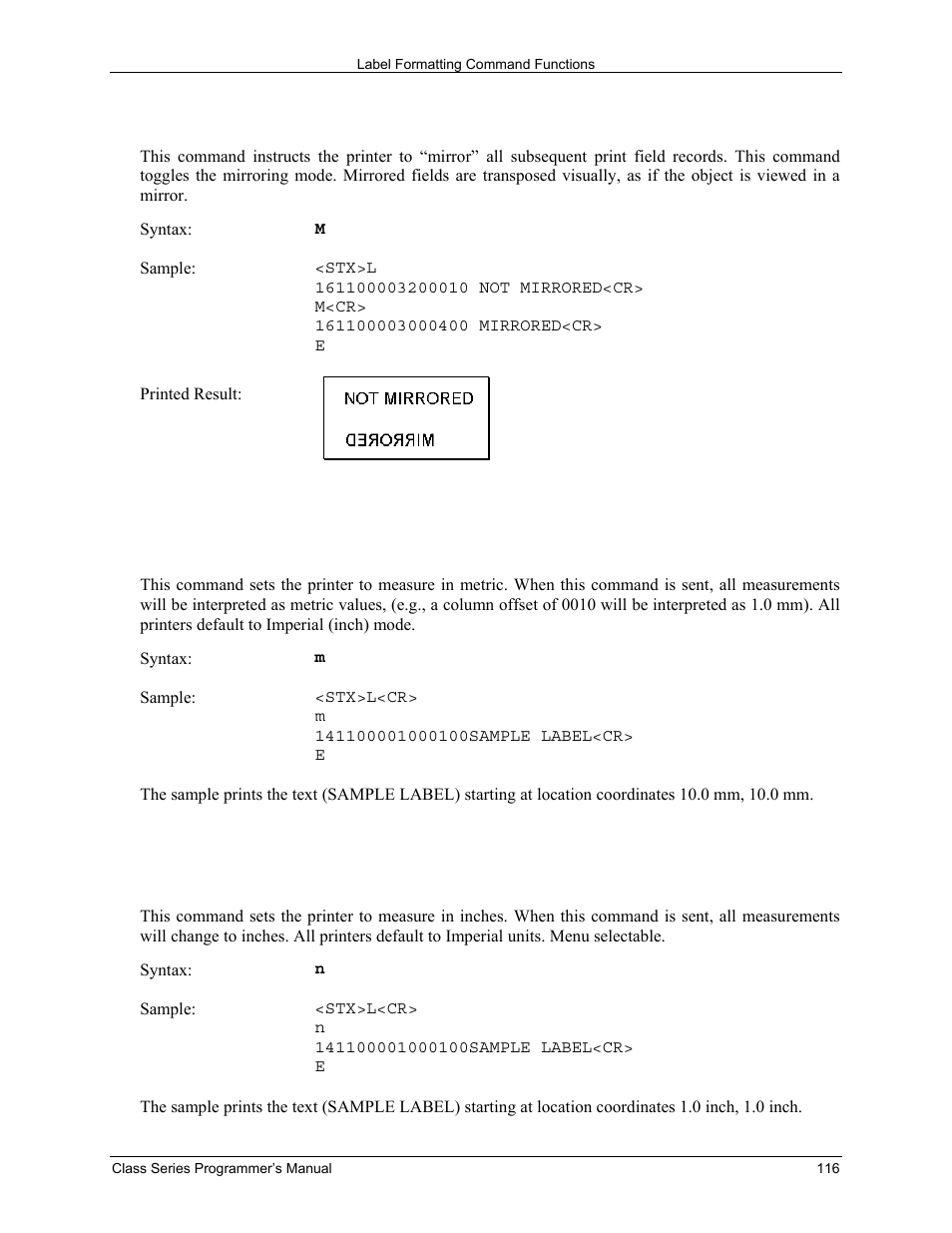 M select mirror mode, Mset metric mode, Nset inch (imperial) mode | Datamax-O'Neil Class Series Programmer’s Manual User Manual | Page 130 / 300