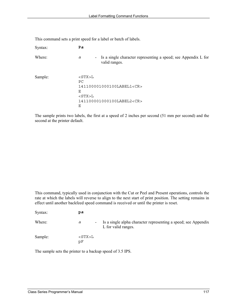 P set print speed, Pset backfeed speed | Datamax-O'Neil Class Series Programmer’s Manual User Manual | Page 131 / 300