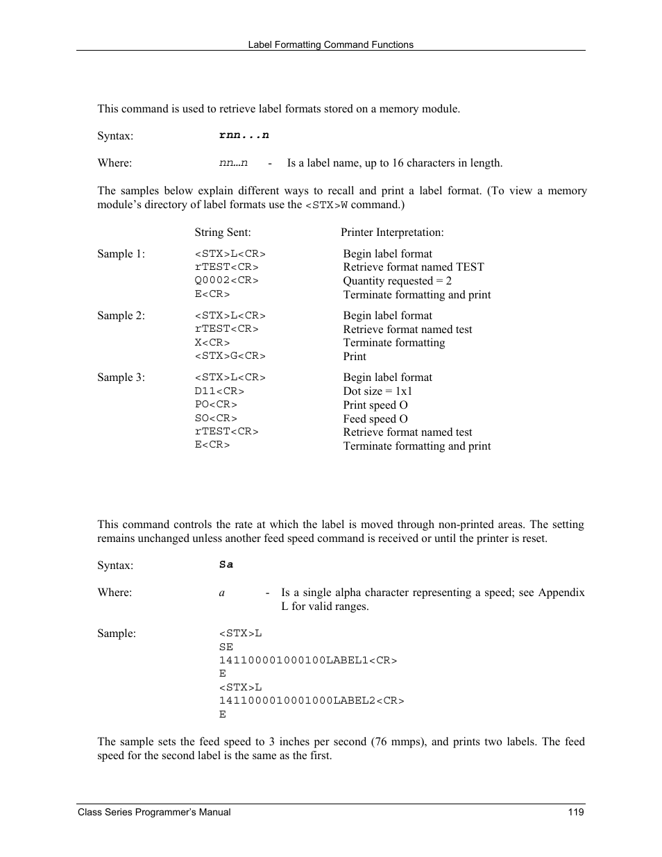 Rrecall stored label format, S set feed speed | Datamax-O'Neil Class Series Programmer’s Manual User Manual | Page 133 / 300