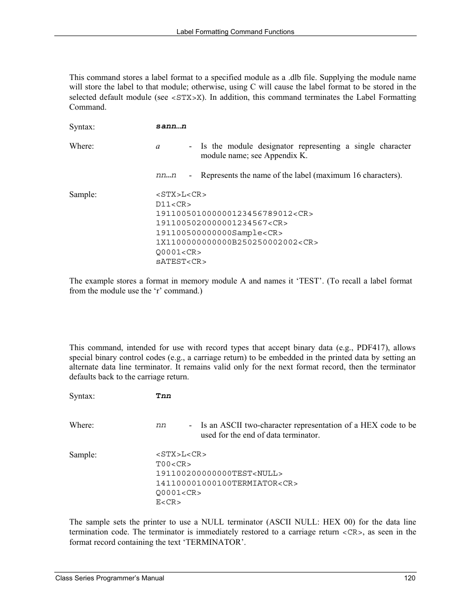 Sstore label format in module, Tset field data line terminator | Datamax-O'Neil Class Series Programmer’s Manual User Manual | Page 134 / 300