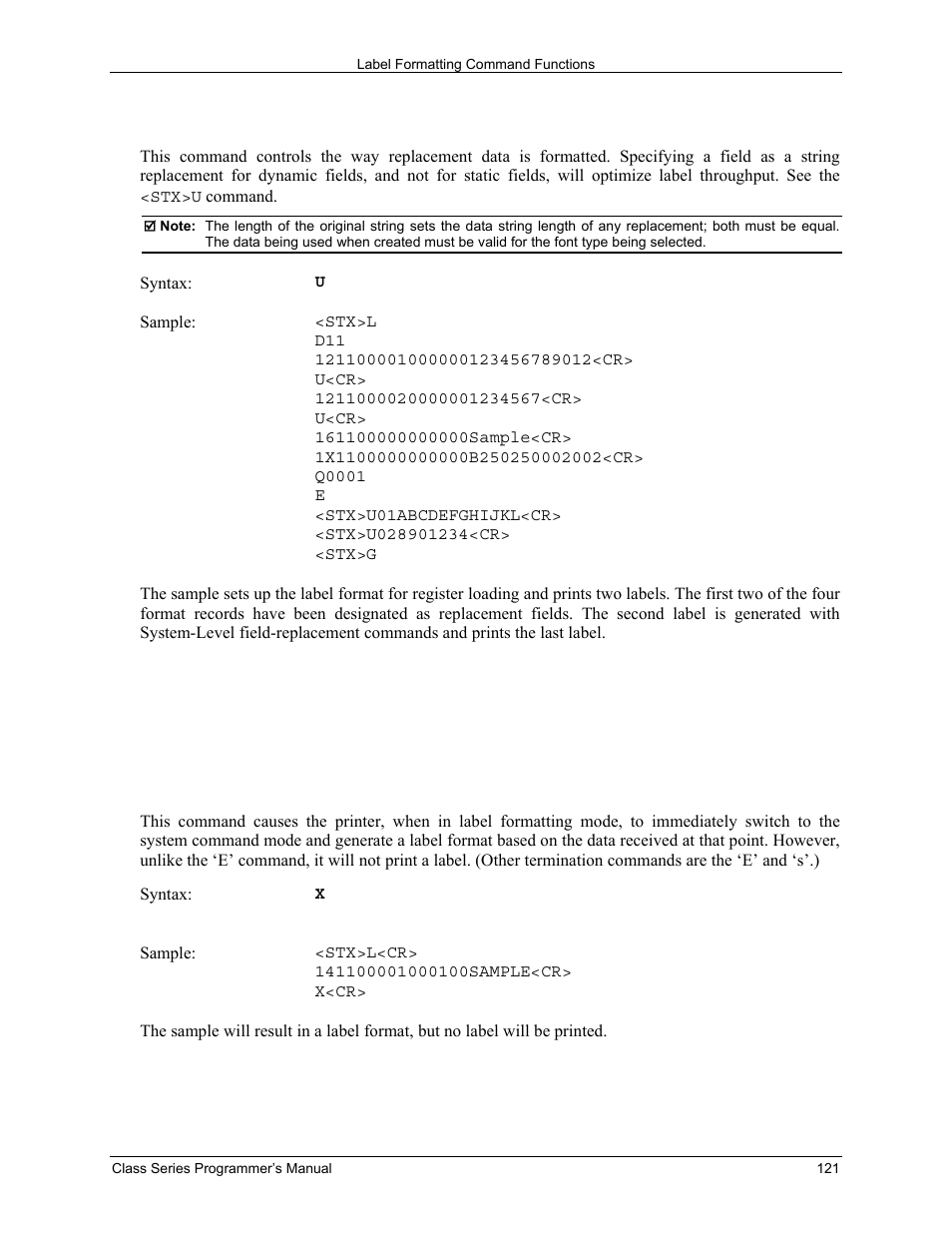 Umark previous field as a string replacement field, X terminate label formatting mode | Datamax-O'Neil Class Series Programmer’s Manual User Manual | Page 135 / 300