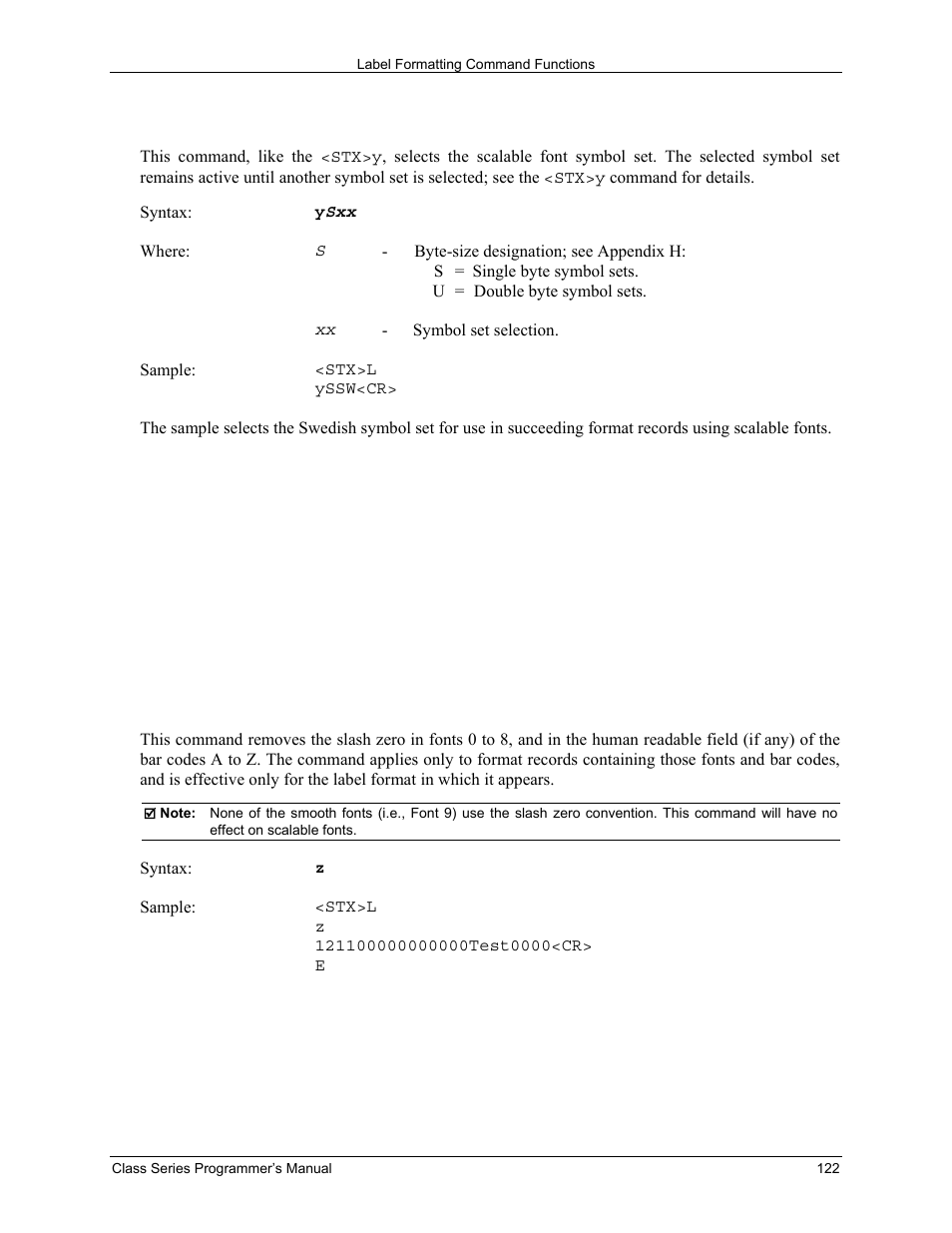 Yselect font symbol set, Zzero (ø) conversion to “0 | Datamax-O'Neil Class Series Programmer’s Manual User Manual | Page 136 / 300